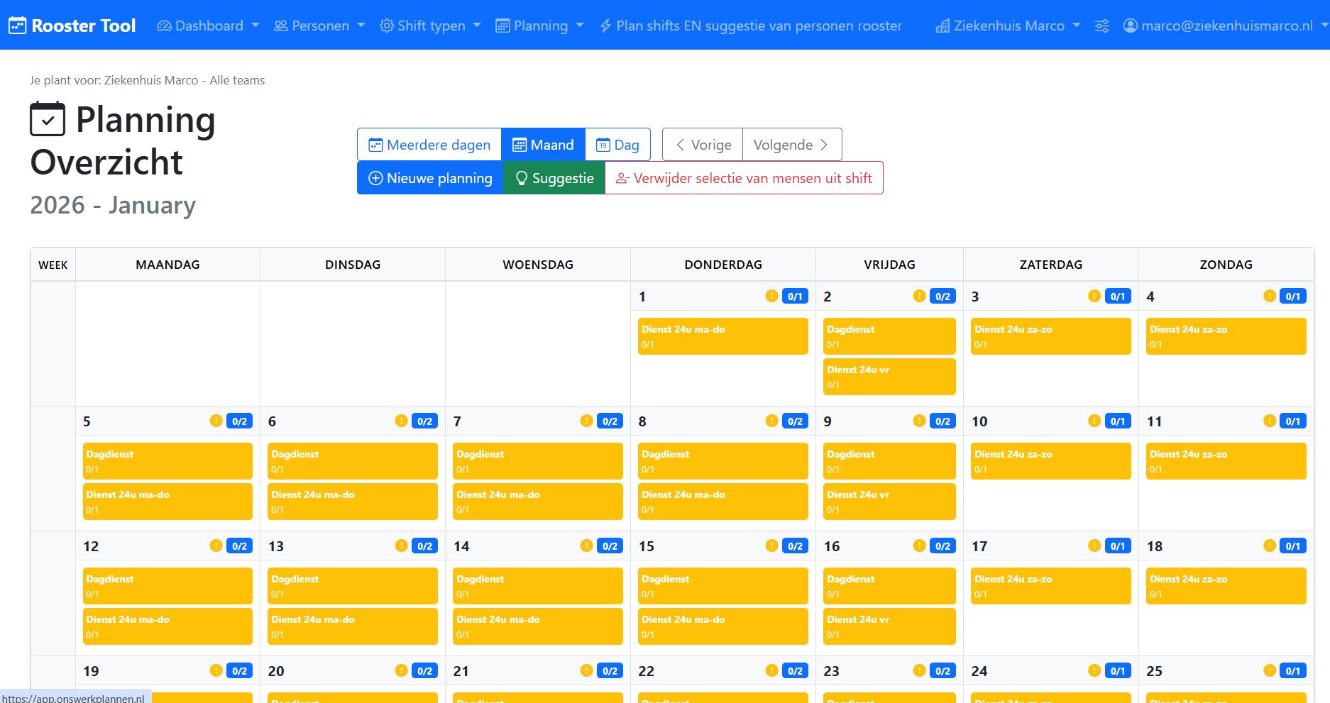 Screenshot van planningsinterface